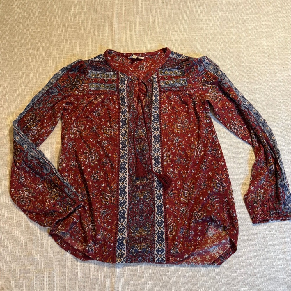 Lucky Brand Womens Small Red Paisley Boho Tassel Peasant Blouse Long Sleeve Top